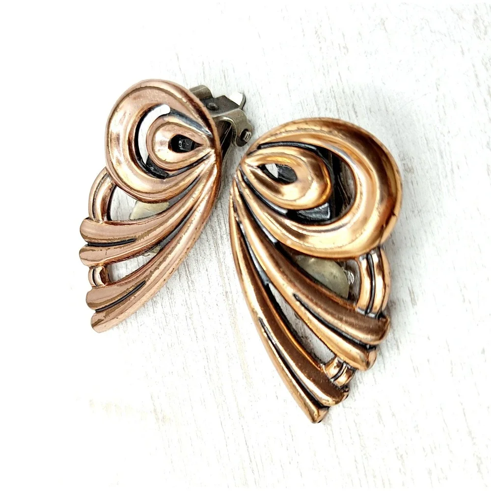 Vintage Matisse Copper Earrings Clip-On Butterfly Wing Designer Jewelry
